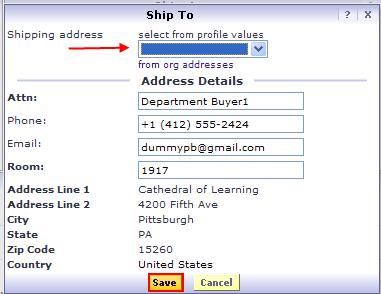Click on the button. 8. Change the Ship To address by clicking on the button in the Shipping area.
