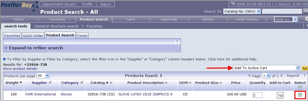 Catalog Items Notice that you can see side-by-side comparison of price, supplier, price per unit of measure and product details. 8. Go back to the Results page. 9.