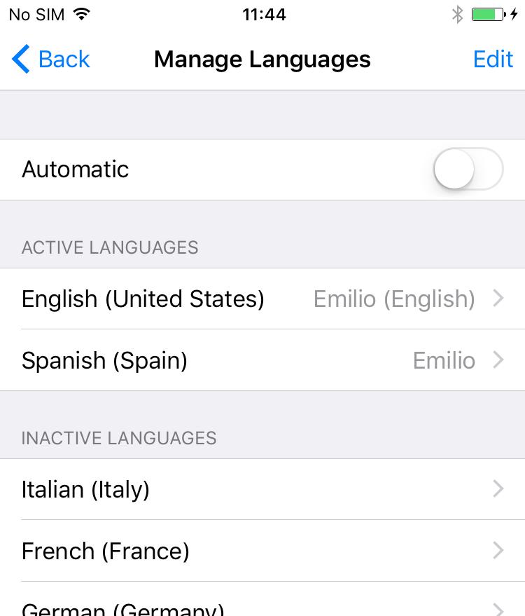 MANAGING LANGUAGES Set Manage Languages to Automatic if you want the available languages to be determined by the ios keyboards you have