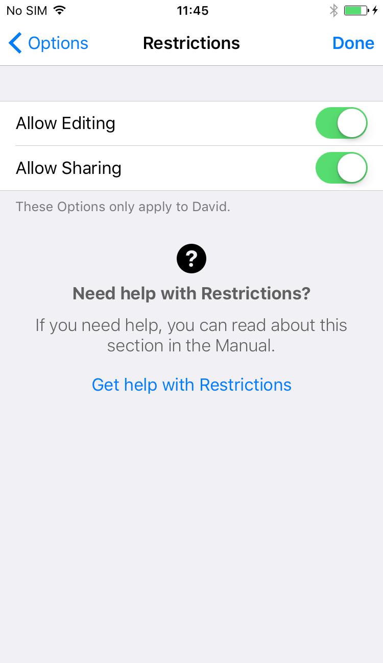 13. Options: Restrictions 19 RESTRICTING EDITING AND SHARING On the Restrictions page, you can turn off the ability to Allow Editing of Phrases and Quick Talk items, or to Allow Sharing text in the