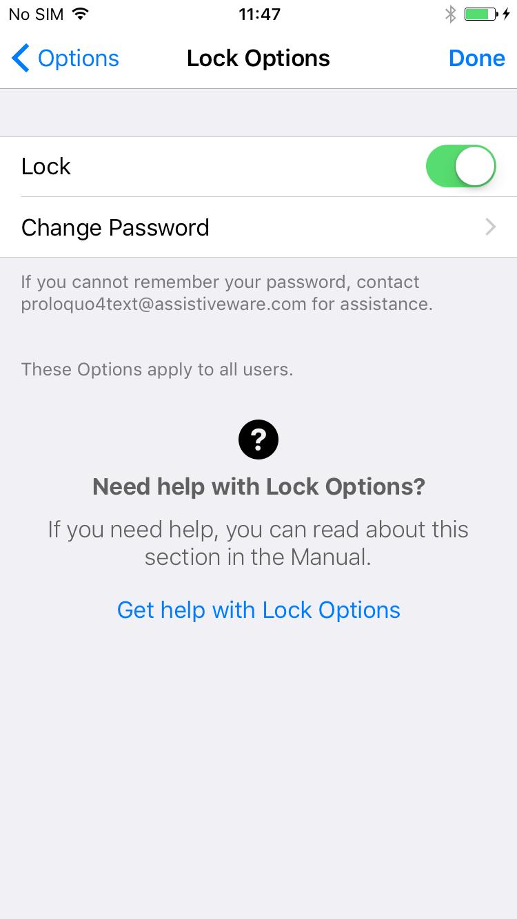 16. Options: Lock options 22 LOCK OPTIONS Set Lock option to ON to restrict access to Options using a password and prevent accidental modifications by a user.