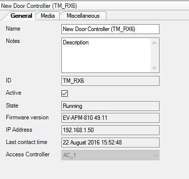 DOOR CONTROLLER SETUP > GENERAL Name: - the name of the Door Controller as it will appear in the software. Description: - an optional information field to add things like location details.