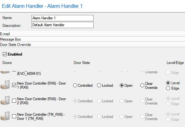 ADD ALARM HANDLER > DOOR STATE OVERRIDE This option allows any door on the system to perform a specified action when the alarm handler is invoked. To enable this option, tick the Enable checkbox.