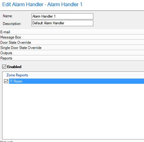 ADD ALARM HANDLER > REPORTS This option allows a report to be generated when the alarm handler is invoked.