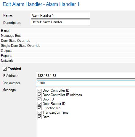 ADD ALARM HANDLER > NETWORK This option allows a message to be sent for use by an external program.