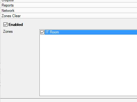 ADD ALARM HANDLER > ZONES CLEAR This option allows a Zone to be automatically cleared after a specified input is