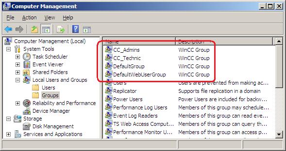 The CC_Admins, CC_Technic, DefaultGroup and DefaultWebUserGroup groups are created in the WinCC