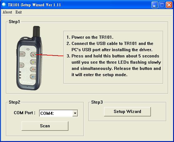 Click on the Scan button to scan the COM port for which TR-101 is connected. When the scan process is finished, click on OK and it will automatically set the correct COM Port. 5.