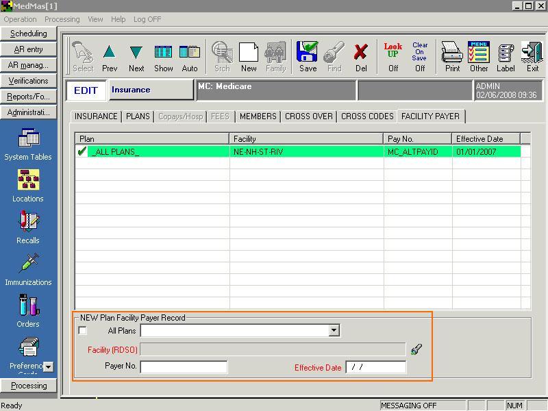 The Facility Payer tab activates consisting of a list pane and a detail pane. The list pane displays the facility payer identification records for the selected insurance carrier.