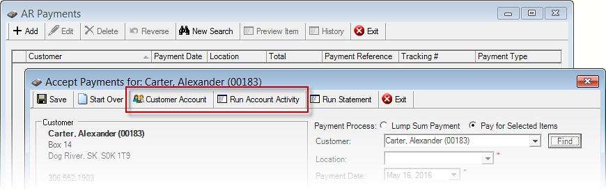 Customer Account or run the Account Activity report.