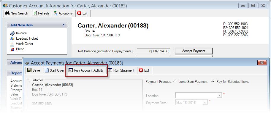 When accepting payments from the customer account, click new link to run Account