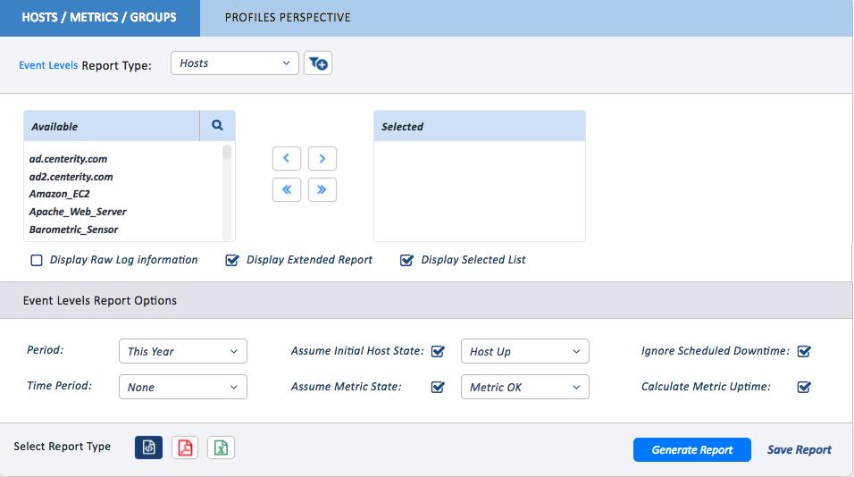 Chapter 15: Reports and Report Scheduler 174 2.1.2. Profile Perspective: Allows averages by selected metric profile: 2.1.2.1. Metric: Displays the metric profile within hosts. 2.1.2.2. BSM: Displays the metric profile within business services.