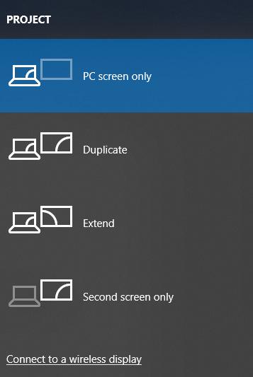 Note: For additional display options such as extended desktop, use the Windows key + P key combination to bring up the