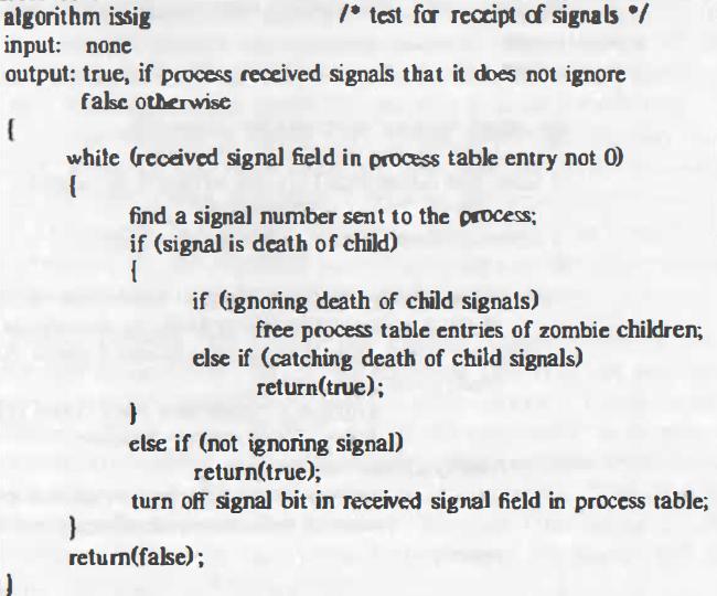 Handle Signals: Figure 6.4: Algorithm for Recognizing Signals The kernel handles signals in the context of the process that receives them so a process must run to handle signals.