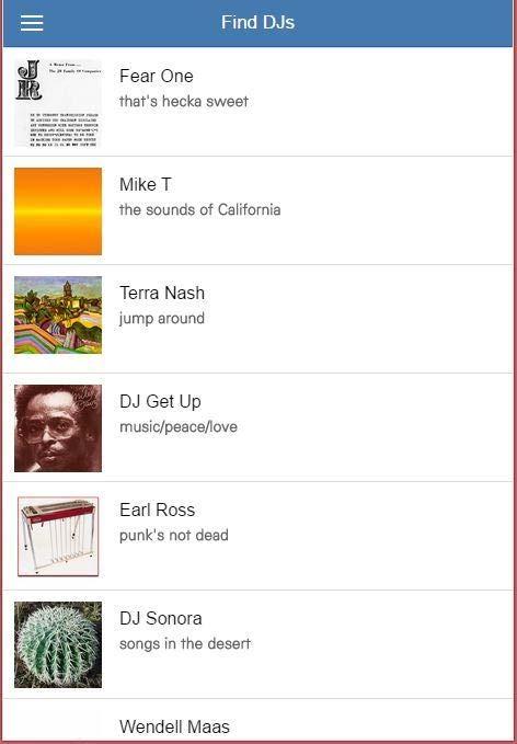 DJ directory screen DJ listening page. Medium task Make an initial search for songs to listen to. This is the very first thing a user does when starting Soneme for the first time.