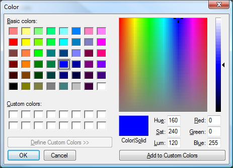 This will display the standard colour picker window, allowing you to select the colour you desire: Once you have selected the colour you wish to use, click OK in the Color dialog.