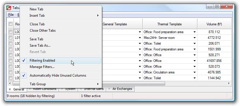 can disable it by turning off the Filtering Enabled item in the Tabular Edit Tab menu, or by right-clicking on the tab itself selecting the equivalent item from the pop-up menu: When filtering is