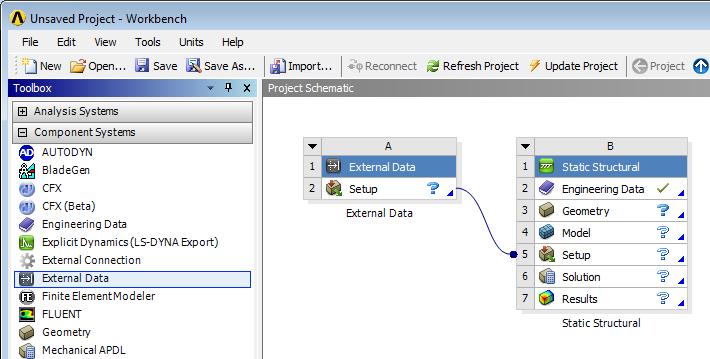 Adding an External Data Component Drag an External Data Component system on the Project Schematic Link the Setup cell of the External Data system to the Setup cell of