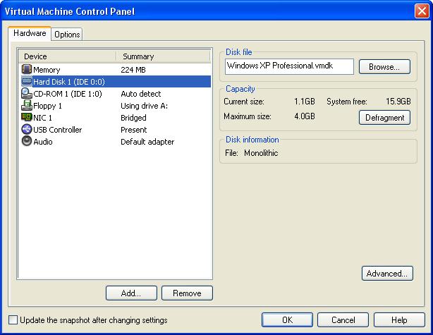 VMware Workstation 4 User s Manual Use the Virtual Machine Control Panel to add, remove and modify virtual machine components (as seen on a Linux host) The Virtual Machine Control Panel on Linux