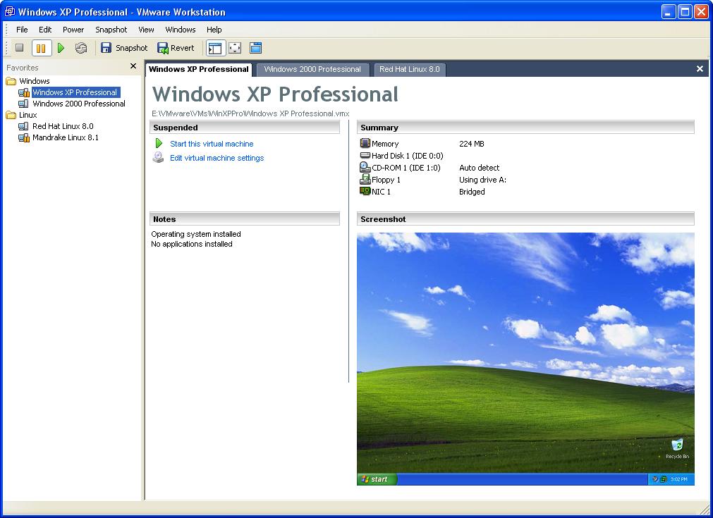 CHAPTER 5 Running VMware Workstation The VMware Workstation window opens. 2. Select the name of the virtual machine you want to use in the Favorites list at the left of the Workstation window.