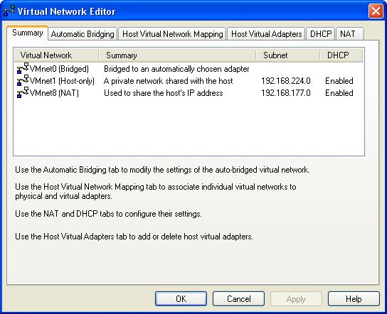 VMware Workstation 4 User s Manual 2. Select the adapter you want to modify. 3. Select the network type you want to use Bridged, NAT, Host-only or Custom. 4. If you select Custom, choose the VMnet virtual network you want to use for the network from the drop-down list.
