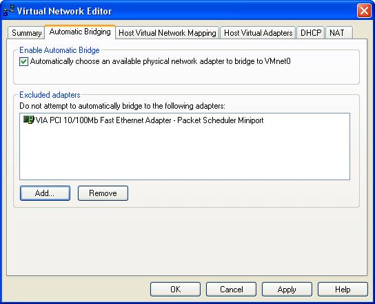 Bridging tab. To exclude an Ethernet adapter, click Add to add it to the list of excluded devices.