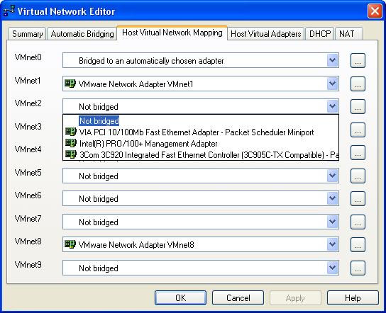 VMware Workstation 4 User s Manual 5. To designate a physical Ethernet adapter to be used for bridged networking on virtual switches named VMnet2 VMnet7, click the Host Virtual Network Mapping tab.