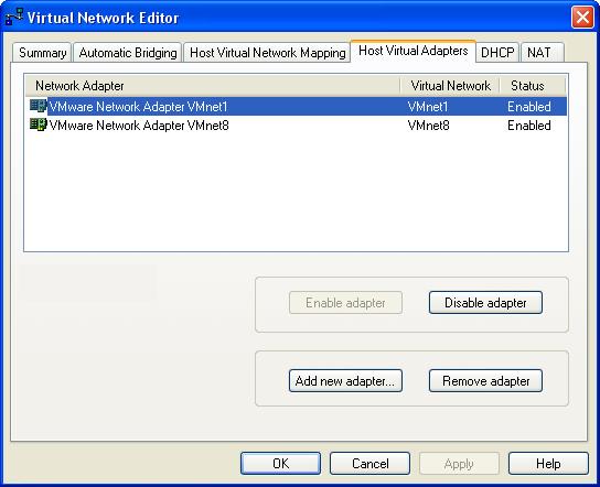 CHAPTER 9 Networking 4. Choose All adapters. 5. Select the VMware Virtual Ethernet Adapter you want to disable. The host-only network is VMnet1; the NAT network is VMnet8. Click Disable.
