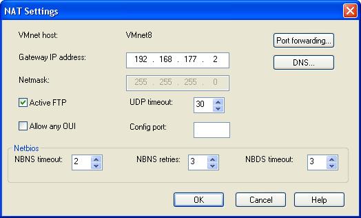 Click the appropriate button to set up or change port forwarding or to specify DNS servers the virtual NAT device should use.
