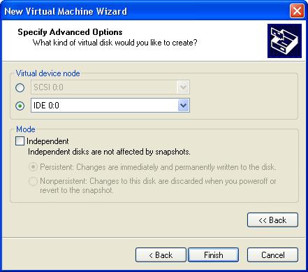 CHAPTER 4 Creating a New Virtual Machine If a SCSI virtual disk is created by default and you want to use a virtual IDE disk instead, or if you want to specify which device node should be used by