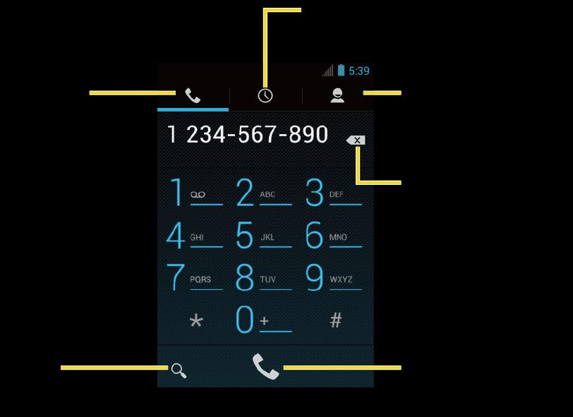 2. Touch the number keys on the dialpad to enter the phone number. 3. Touch to call the number. 4. To end the call, touch.