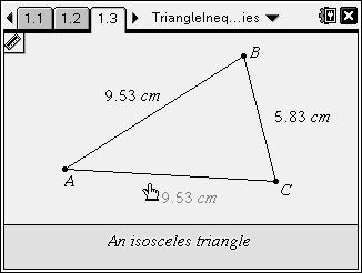 Problem 1 An isosceles triangle Before measuring lengths and angles on page 1.3, ask which sides of isosceles triangle ABC appear to be congruent.