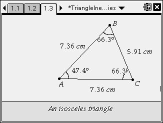 Before continuing, ask students if they have any conjectures about the angle measures. Next, students should measure each angle of the triangle by selecting MENU > Measurement > Angle.