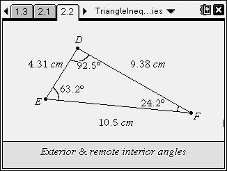 Problem 2 Exterior and remote interior angles On page 2.2, students are to find the measures of the sides and angles of DEF.