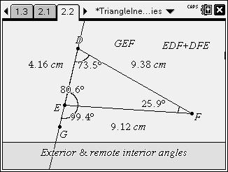 Students should now find the measure of GEF. Ask them to make conjectures about this exterior angle and any interior angles. Allow them to drag vertices around while they conjecture.