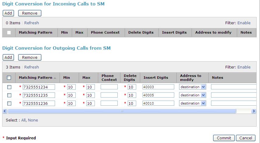 To map inbound DID numbers from MTS Allstream to Communication Manager extensions, scroll down to the Digit Conversion for Outgoing Calls from SM section. Create an entry for each DID to be mapped.