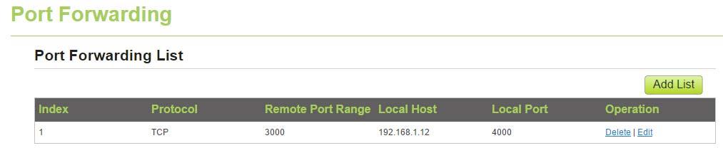 Figure 5 21 5.4.3 Deleting Port Forwarding rule To delete a port forwarding rule, perform the following steps: 1. Choose Security > Port Forwarding. 2. Choose the item to be deleted, and click Delete.