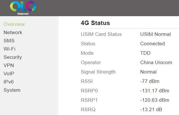 2. In the 4G Status area, view the information about USIM card status, Connect status, Operator, Current Mobile Network, Signal