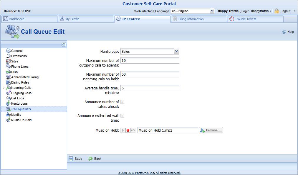 Porta SIP System Concepts The whole Call Queue configuration is performed at the customer level (on the IP Centrex tab of the customer self-care interface): Every call queue contains several