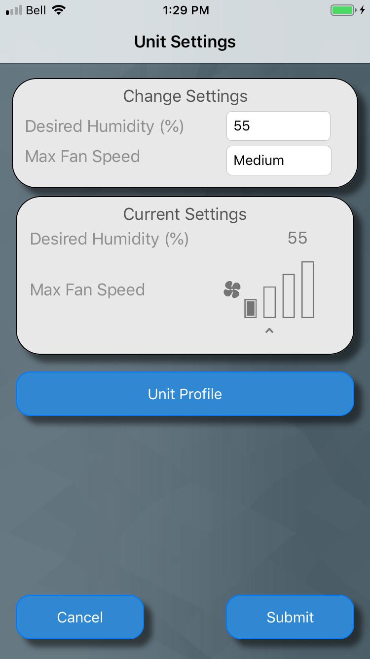 UNIT SETTINGS The settings menu is used to change the unit s desired relative humidity as well as it s maximum fan speed.