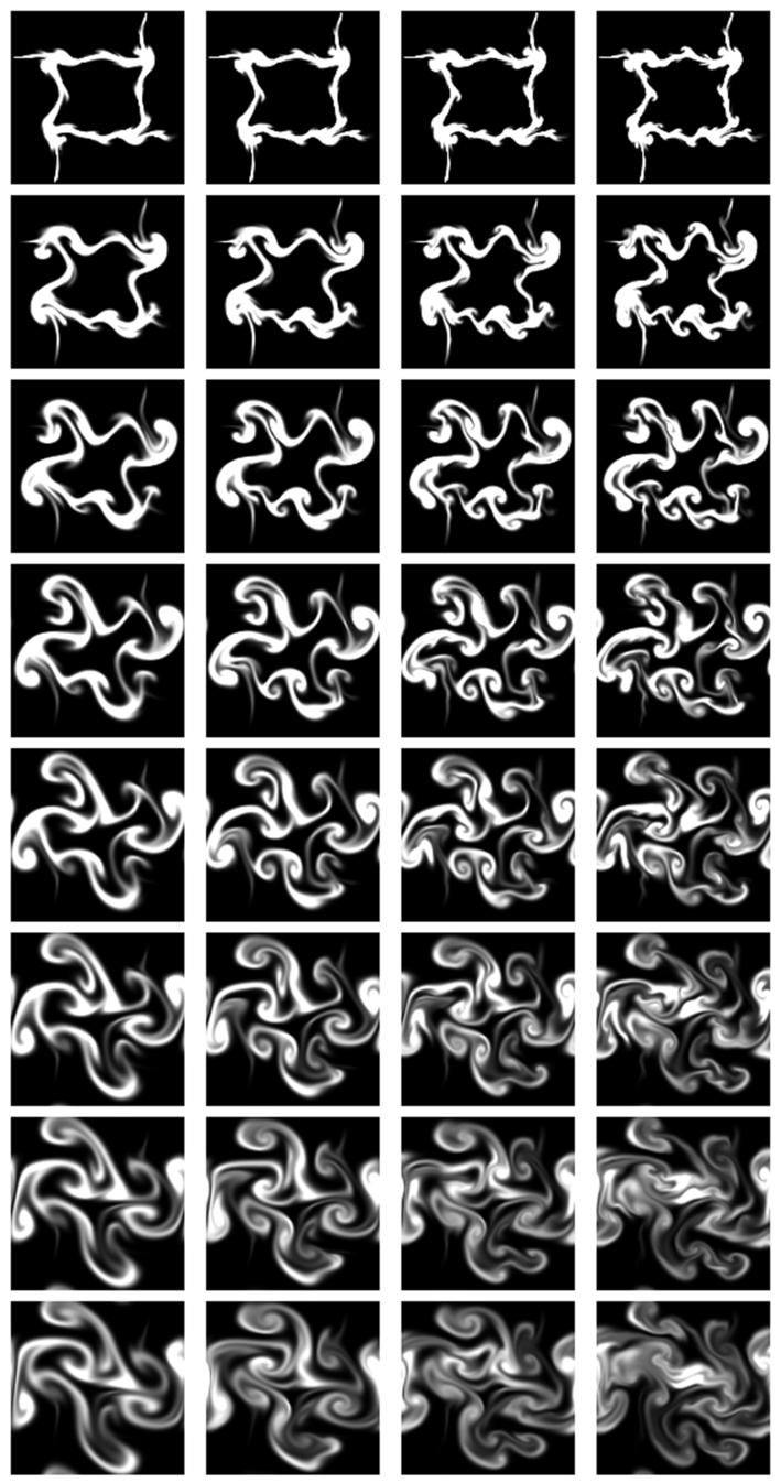 Figure 7: Some examples. Eight frames from four independent animations, spaced 10 frames apart (from top to bottom).