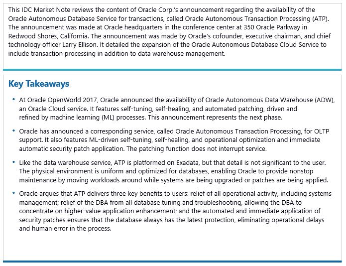 MARKET NOTE Oracle Autonomous Transaction Processing: Foolproofing the Database Carl W.