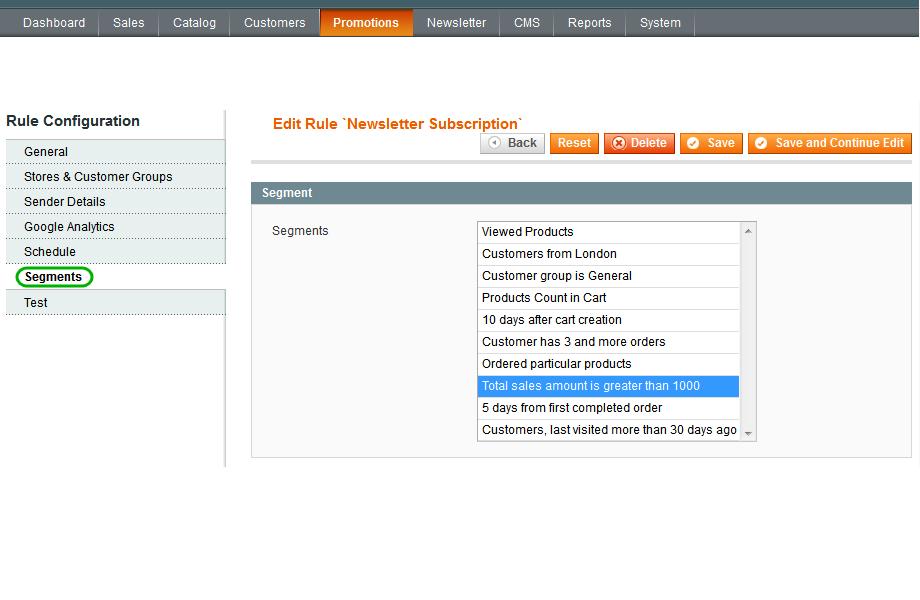2. Rule creation: Rule Conditions Advanced Customer Segments module adds new rule condition named Segments.