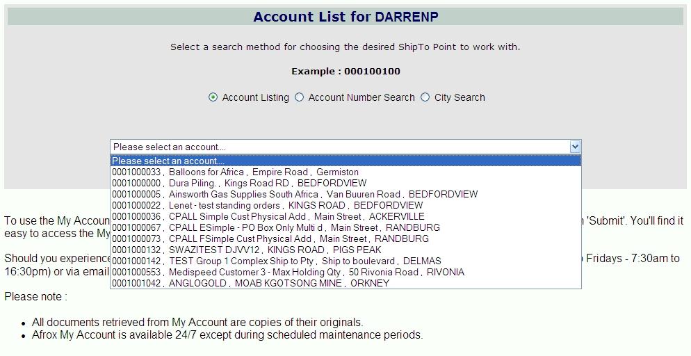 f. Select an account number required to view Copy Documents, Account Balances and Cylinder Balances on.