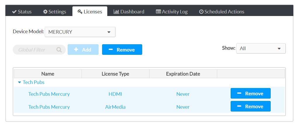 Manage Licenses for a Group To manage the licenses for multiple devices within the same group, select a group from the group tree to display its configuration pages, and then click the Licenses tab.