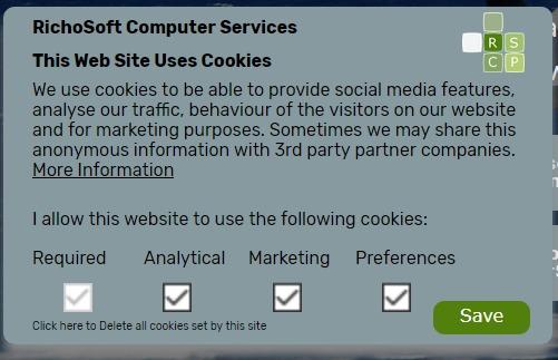 How it Works First Visit to your site: When a visitor first visits your site the script will look for the RSRequired Cookie, if it does NOT exist then the Full Cookie Panel will be displayed for them