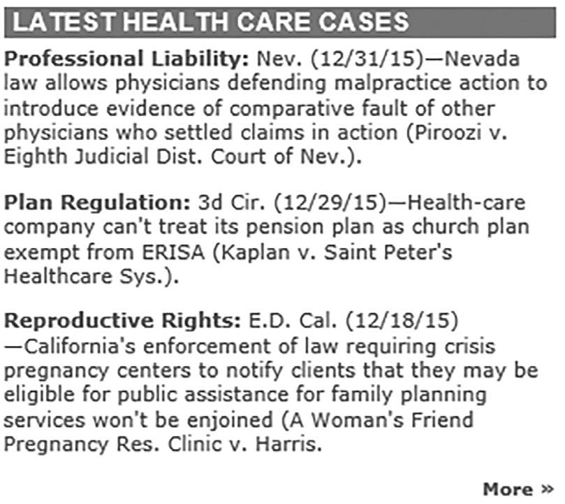Link to the latest cases in the Latest Health Care Cases frame.