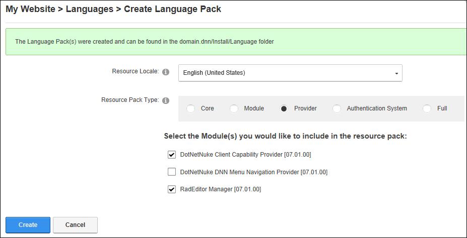7. Click the Create button. This displays a success message that includes the path where the language pack(s) are located.