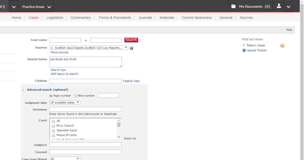 The Cases search tab opens, specifying your customized cases in the Sources field.