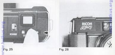 1. Push the Flash Unit Switch in the direction of the arrow ~ and the Flash Unit will pop up turning the power source on automatically. (Fig. 23) 2.